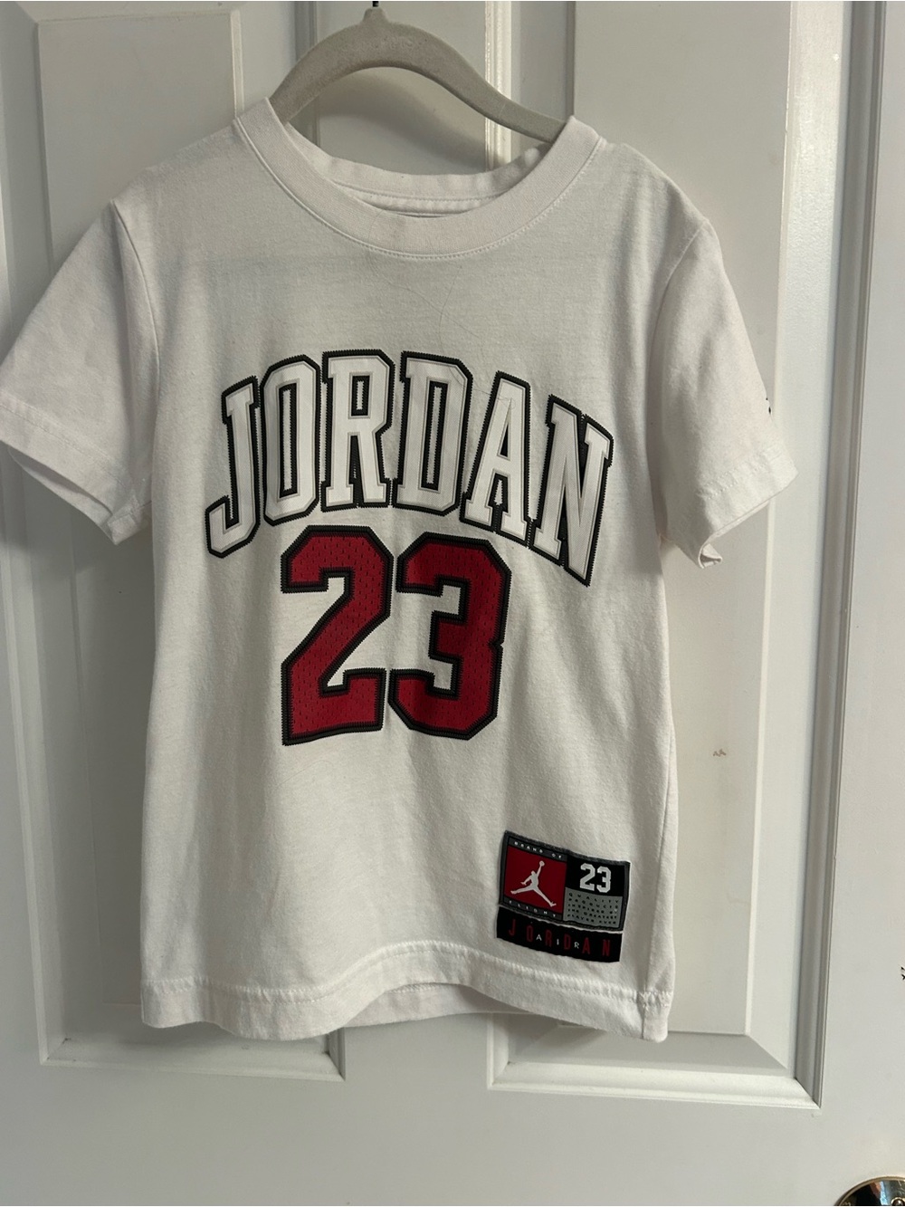 Boys Jordan White Short Sleeve Tee with Red '23' Graphic